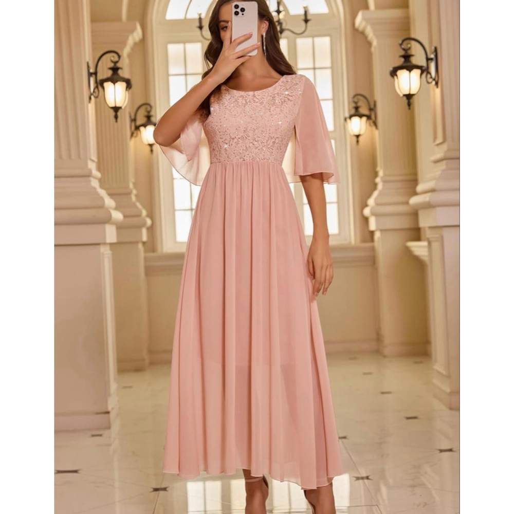 NEW Pink Wedding Guest Cocktail Formal Cape Ruffle Long Maxi Dress XL - Picture 9 of 9